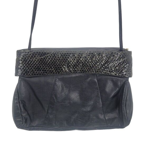 Vintage 80s Black Genuine Leather Snakeskin Embossed Crossbody Bag Formal Glam - Picture 10 of 11